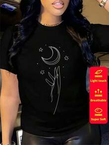 Envío gratis, entrega local enéxico, entrega en 4 días. Camiseta de manga corta para mujer, cuello redondo,% algodón, corte holgado, estilo casual y versátil con un estampado moderno. - Negro - 4 - Ver 2
