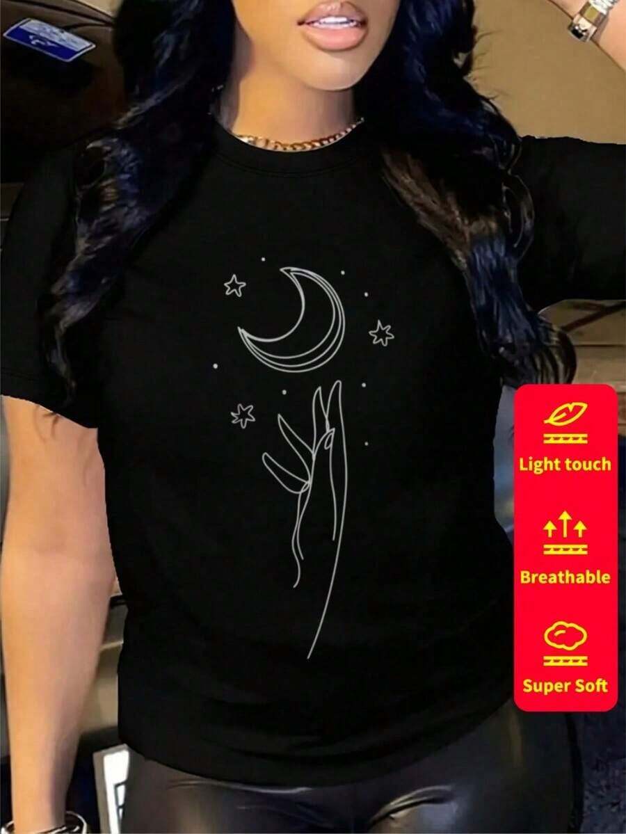 Envío gratis, entrega local enéxico, entrega en 4 días. Camiseta de manga corta para mujer, cuello redondo,% algodón, corte holgado, estilo casual y versátil con un estampado moderno.