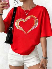 Women's Red T-Shirt With Multicolor Doodle Heart Graphic, Aesthetic Short Sleeve T-Shirt With Colorful Lines, Vibrant Summer Top, Casual Urban Fashion Blouse - 紅色的 - 查看 5