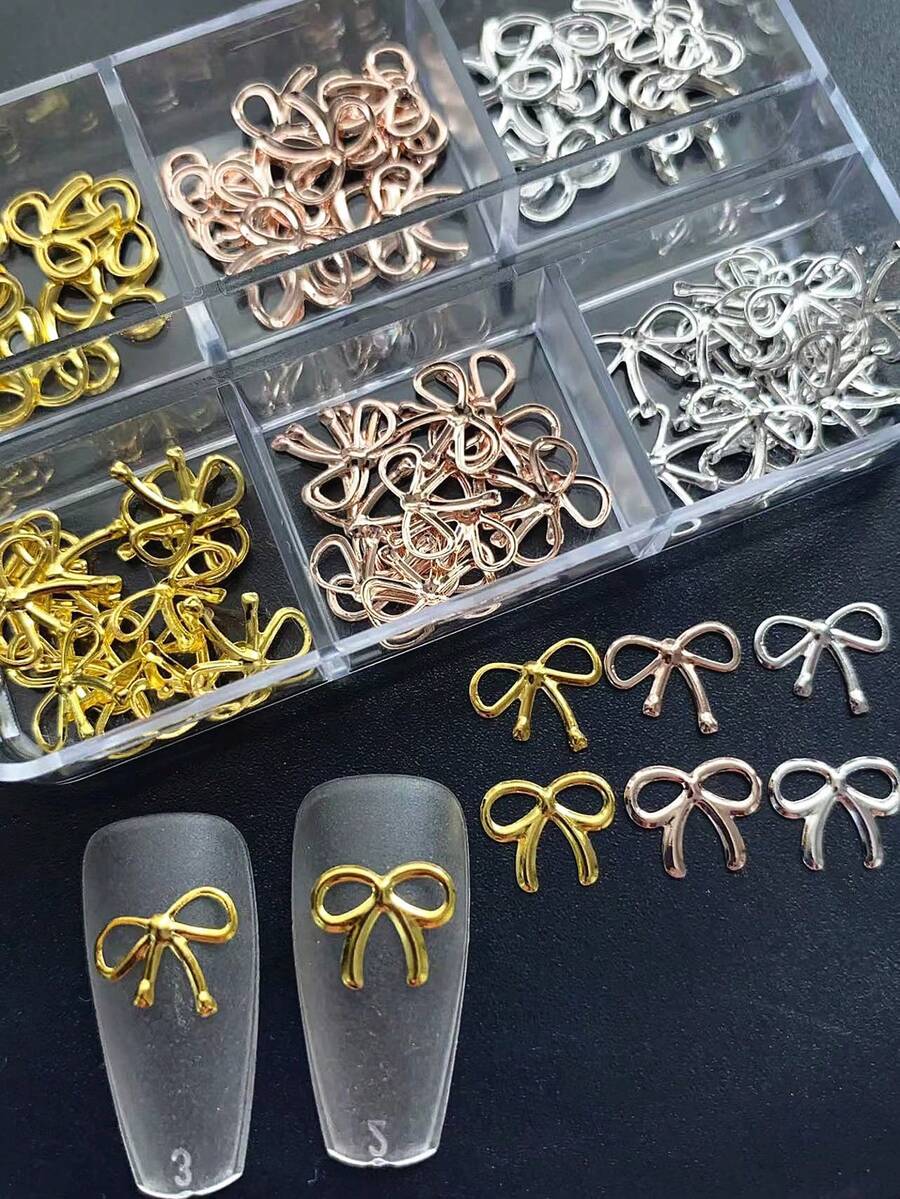 1 caja con 6 compartimentos empaquetados por separado Decoración de uñas de lazo de metal 3D, linda, fresca, retro, adecuada para salón de uñas DIY, accesorios de uñas de estilo japonés y coreano, accesorios de uñas con lazo hueco, encantos de uñas, suministros de uñas, arte de uñas - Multicolor - Ver 1