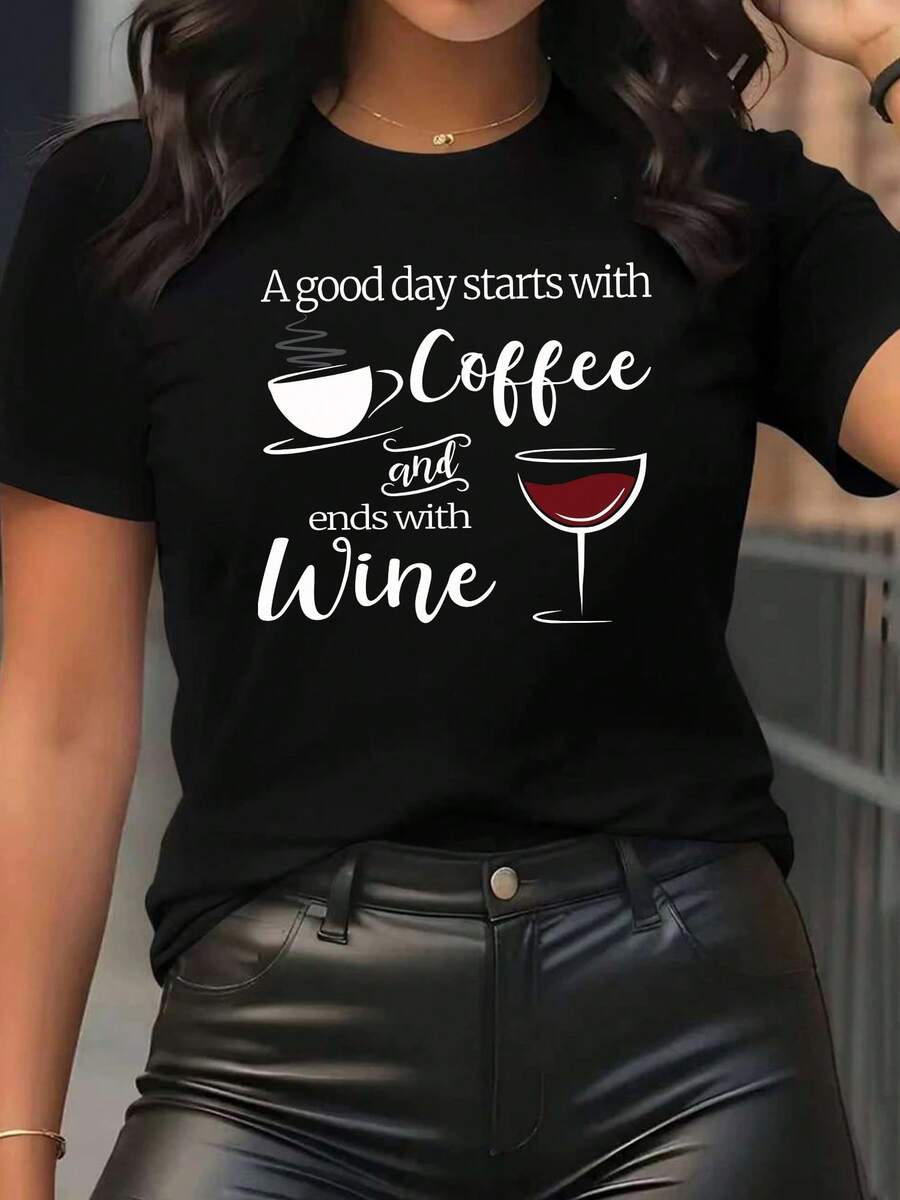 Camiseta de manga corta y cuello redondo para mujer con estampado de café y vino tinto - Estilo deportivo casual, relajada y cómoda, a y enérgica, suave y transpirable, 95 % poliéster 5 % elastano 180 g, diseño estampado - Negro - Ver 1