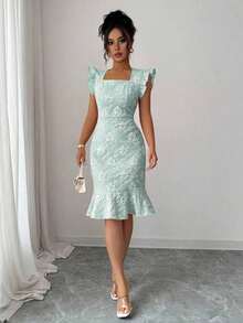 Vestido elegante de jacquard para ir al trabajo, verano - verde menta - Ver 3