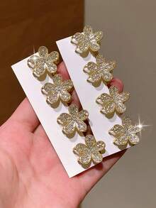 4pcs Delicate Ditsy Floral Crystal Side Clips, Suitable For Side Bangs, Fringe, Gift For Girlfriend, Suitable For Back To School, Dates, Beach Vacation, Daily Commute, Practical Accessory!, Hair Clip, Party, Claw Clips, Hair Clip - Gold - View 6