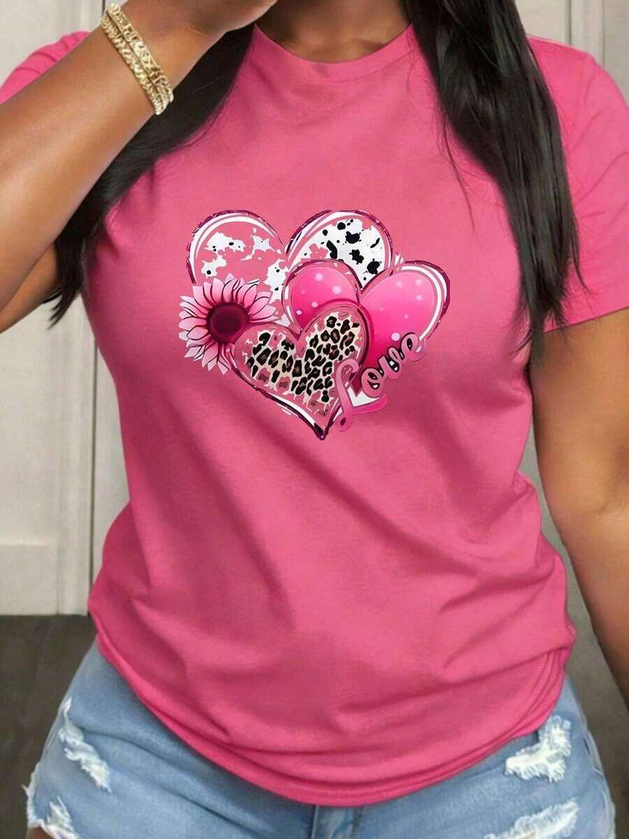 Heart Shaped Mother's Day Gift Women T-Shirt Casual Short Sleeve Round Neck Top With, Medium Stretch Fabric Suitable For Spring Summer Fall Casual Attire, Machine Washable, Playful Design Suitable For Daily Leisure. - 玫紅色 - 查看 1