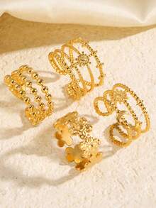 Juego de cadena con cuentas de diseño único, anillos abiertos de acero inoxidable con elementos florales y celestiales, versátil para uso diario, ir al trabajo, fiestas y vacaciones - Dorado - Ver 3