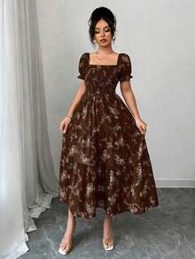 Vestido maxi con cuello cuadrado, manga corta fruncida y volante en el bajo, con pequeños estampados florales, adecuado para uso casual diario, trabajo, viajes, playa, estilo bohemio, occidental, festivales de música, estilo campestre - Marrón - Ver 5