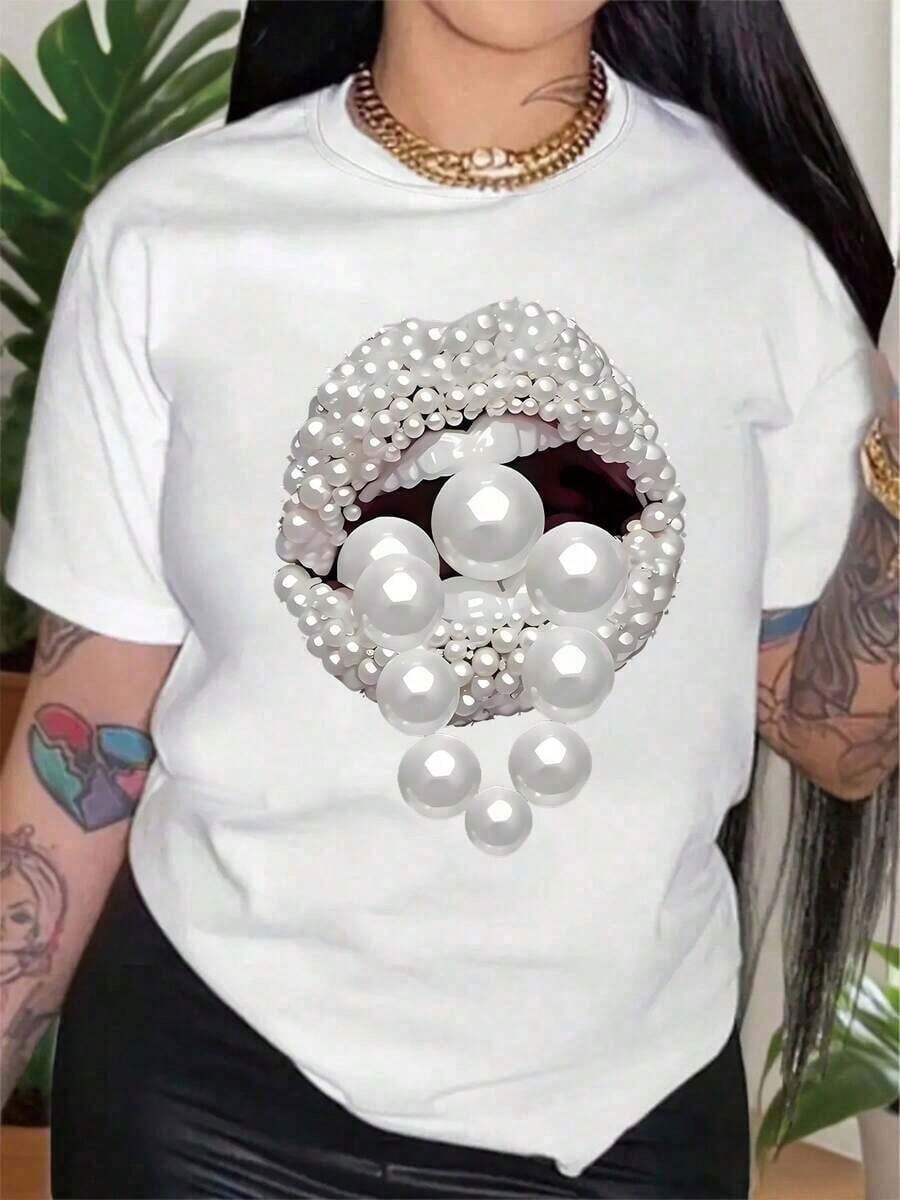 Camiseta Casual para Mujer con Adornos de Perlas y Estampado 2D - Ideal para Uso Casual y Regalos Navideños, Tejido Transpirable, Suave y Cómodo, Lavable a Máquina, Camiseta Versátil para Mujer para Todas las Temporadas, Diseño con Adornos de Perlas, Casual y Versátil para el Día a Día, Muestra un Temperamento Natural y Elegante. Camiseta Algodón - Blanco - Ver 1
