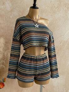 Casual 2-Piece Set Consisting Of A Cropped Top With An Irregular Neckline And Lettuce Hem, And Shorts, In A Solid Color, For Vacation, Spring/Summer - Multicolor 4 - View 3