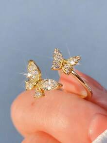 1pc Butterfly Design Micro Inlay Rhinestone Advanced Sense Ring With Adjustable Opening For Women - Gold - View 3