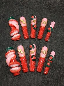 10 Pieces 5.5cm Handmade Coffin Shaped False Nails, Paired With Rhinestones, Lips, Water Droplets, And Butterfly Decorations, Designed For Women And Girls To Wear On Valentine's Day, Parties, Holidays, And Daily Wear. - Multicolor - View 1