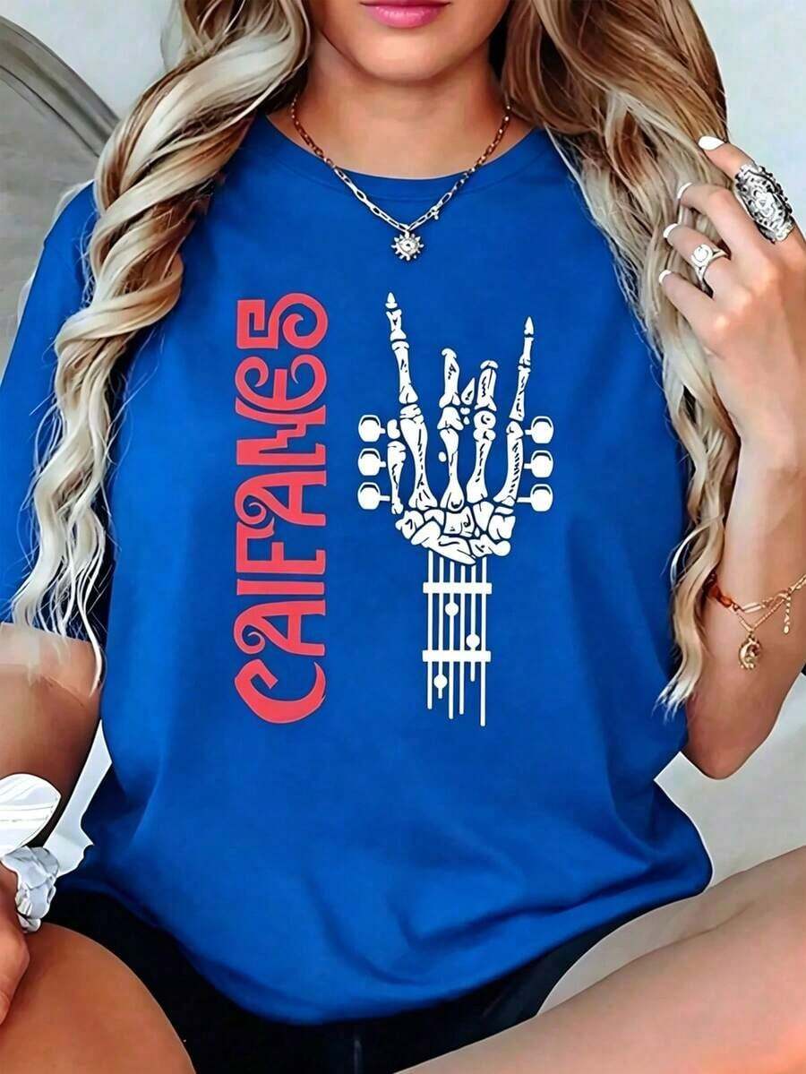 Oversized Black CAIFANES Rocker T-Shirt With Skeleton Hand And Guitar Graphic, Vintage Urban Gothic Style Tee, Loose Casual Short Sleeve Women's Top, Pretty Women's Blouses, Rock Mexico - 藍色的 - 查看 1