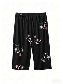 3pcs Plus Size Women's Lounge Pants, Elastic Waist Loose Cherry Print Capri Pants - Multicolor - View 3
