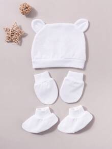 Bộ 1 mũ bệnh viện cho trẻ sơ sinh có tai dễ thương, mũ len dệt kim unisex cho bé 0-3 tháng và bộ găng tay chống trầy xước. - 1 bộ - Xem 6