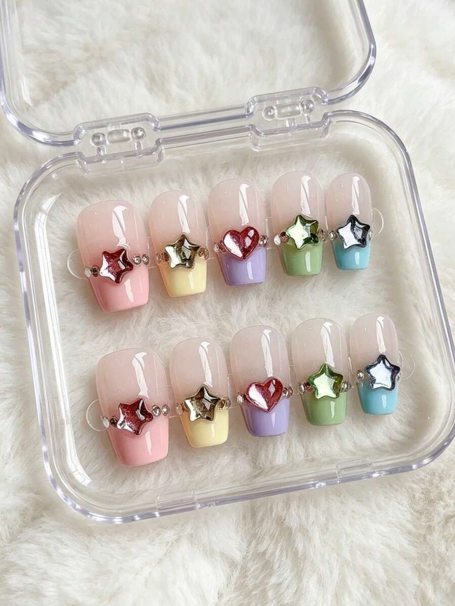 10pcs Short Tapered Handmade Press-On Nails, Macaron Color French Tip With Colorful Stars And Rhinestone Accents, Cute Sweet Summer False Nails, Easy To Wear For Beginners, Reusable, Suitable For Daily And Vacation Outfits - Multicolor - View 1