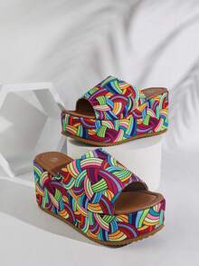 2025 Latest Fashion Women's Shoes, Colorful Striped Round Toe Platform Wedge Sandals, High Waterproof Slip-On Suitable For Home And Outdoor Wear, Elegant Personalized Party Date Increased Height Comfortable Stable Sandals - Green - View 7