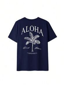 Camiseta de manga corta con cuello redondo y estampado de palmeras para mujer, estilo casual y moderno, tu prenda esencial diaria.Camiseta con Estampado, Tops para Mujer, Vacaciones de Verano - Albaricoque 3 - Ver 8