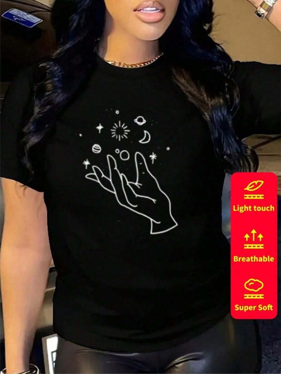 Camiseta de mujer de manga corta, cuello redondo, 100% algodón, holgada, de estilo casual y versátil con estampado moderno. - Negro 7 - Ver 1