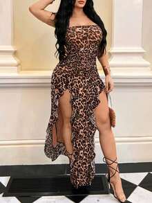YHHSHEIN  Vestido ajustado con volantes y abertura con estampado de leopardo sexy y elegante para mujer, apto para uso diario, reuniones, citas, fiestas, vacaciones en isla, playaYHH - Multicolor - Ver 4
