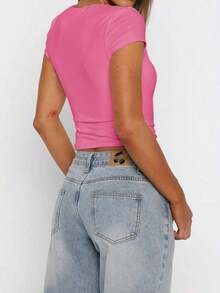 y sexy de punto para mujer Vaiaye, camiseta casual de cuello cuadrado de unicolor, blanco para primavera/verano - Rosa Fucsia - Ver 2