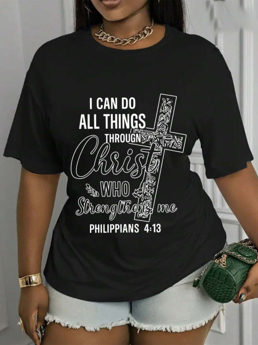 Camiseta con versículo bíblico Filipenses 4:13, estampado de versículo, manga corta, cuello redondo, ajuste holgado - Blusa elástica casual adecuada para primavera, verano, otoño, atuendo casual, lavable a máquina - Negro - Ver 1