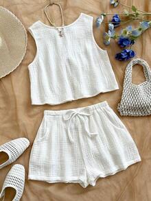 Top sin espalda con textura y lazo, holgado y casual para vacaciones, shorts casuales con elástico en la cintura y bolsillos, para playa y mar - Blanco 2 - Ver 5