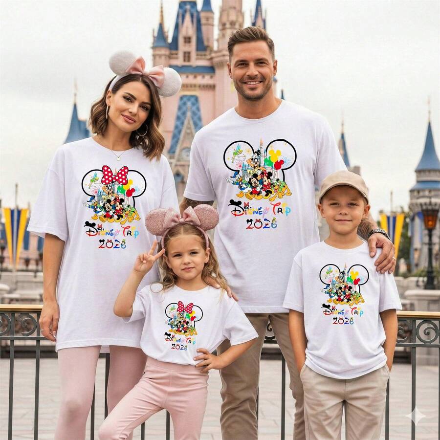 Disney "Disney Trip 2026" Castle & All-Characters Family Coordinating T-Shirt, Great For Family Vacations & Theme Park Visits. New Design, Suitable For Men, Women & Kids, Ideal For Disney Trips & Casual Wear. Made Of Soft, Breathable Cotton Fabric, Comfortable For All-Day Wear. Bright Castle & Multi-Character Print, Perfect Gift For Disney-Loving Families. - 男士/孩子T卹 - 查看 1