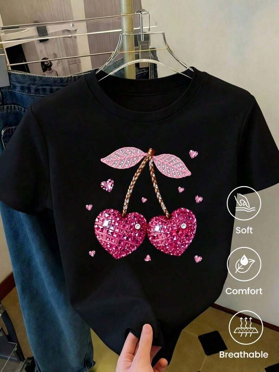 Camiseta de manga corta de moda para primavera y verano de 2026, hecha en México, 180 gramos. Estampado de dibujos animados, modelo de pareja, apta para uso interior o exterior. Cuello redondo, unisex, ideal para oficina y ocio. Paquete de una pieza. - Negro - Ver 1