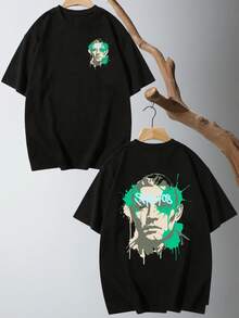 Camiseta de manga corta estampada por ambos lados, camiseta negra con retrato artístico masculino, grafiti, salpicaduras de pintura verde, estética gráfica, ropa urbana estilo hip hop, boceto creativo de rostro en estilo pop art, ropa casual para uso diario, atuendo para conciertos, moda de verano. - Negro - Ver 3