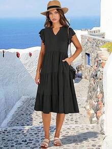 2026 Women's V-Neck Midi Dress With Ruffled Sleeves And Large Pockets, Casual Women's Dress, Summer Dress - Black - View 1