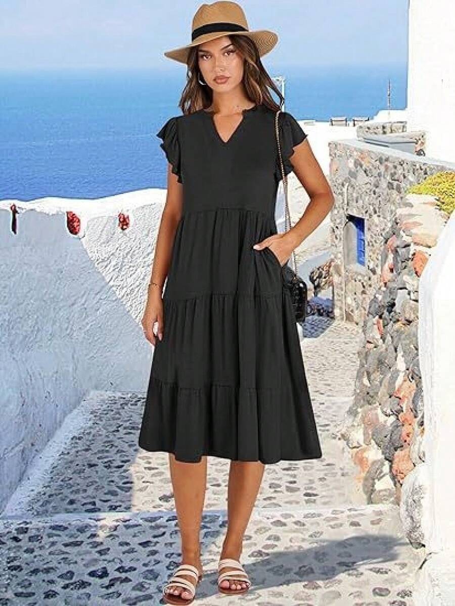 2026 Women's V-Neck Midi Dress With Ruffled Sleeves And Large Pockets, Casual Women's Dress, Summer Dress - Black - View 1