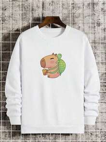 Crew Neck Long Sleeve Fleece Sweatshirt For Cold Weather With Capybara Design Backpack - White - View 6