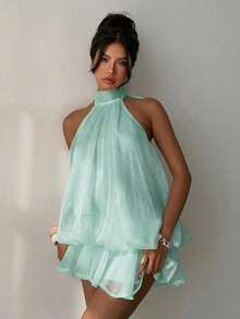 Elegant Women's Mini Dress With Halter Neck And Bow In Light Yellow - Mint Green - View 2
