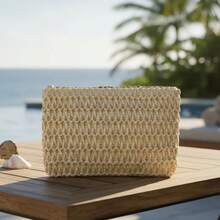 Straw Clutch Bag With Cell Phone Holder And Nickel Finish - Beige - View 4