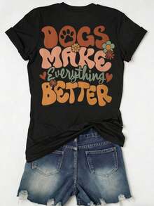 Camiseta de manga corta para mujer con estampado de letras, cuello redondo, estilo minimalista. - Negro - Ver 2