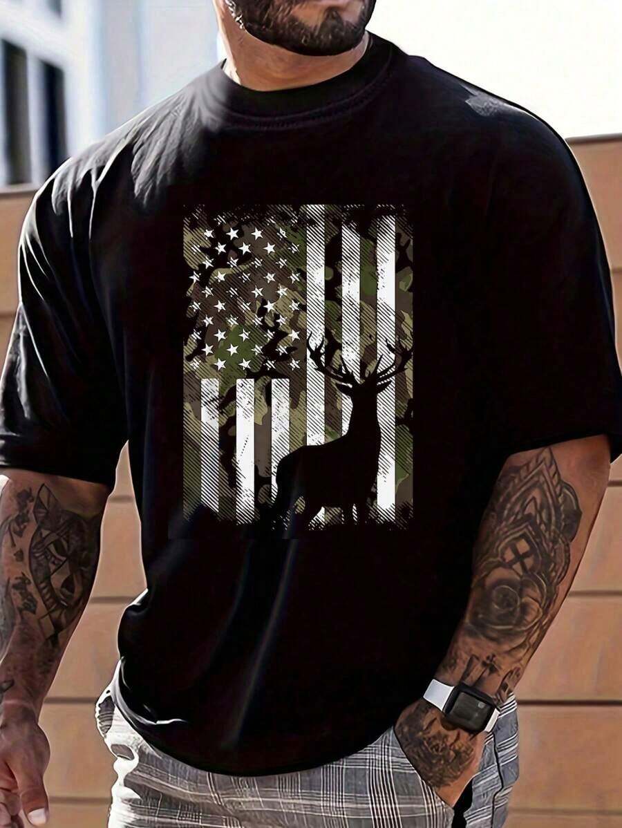 Camiseta de manga corta con cuello redondo y estampado gráfico para hombre - Negro - Ver 1