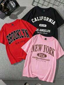 Camisetas Manga Corta Cuello Prenda individual, no un conjunto de 3 piezas, 1 piezas/set de camisetas de manga suitable for streetwear, daily outings, camping, concerts, hip-hop, rock, and rap events Redondo Estampado California Los Angeles Brooklyn New York Mujer - Negro - Ver 6