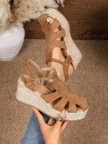 New Women's Wedge Thick Bottom Sandals, Fashion Versatile Hollow Wedge Sandals, Suede Woven Thick Bottom Strap Open Toe Casual Shoes - Brown - View 2