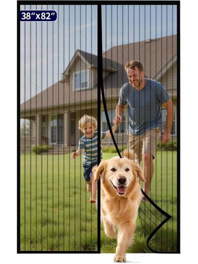 Magnetic Screen Door - 38.0 X 82.0 In Retractable Screen Door Mesh For Front Door Or Sliding Door, Pet & Kid Friendly, Hands-Free Closure Keeps Bugs Out & Lets Breeze In, Stripe Black