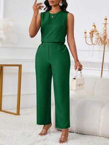 de 2 piezas de top sin mangas y pantalones largos casuales y elegantes con bolsillo diagonal y detalles de botones para mujer, para verano - Verde Oscuro - Ver 6