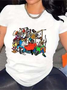 Women's Anime T-Shirt With Albert And Cosby Cartoon Design For Valentine's Day, Casual Crew Neck T-Shirt, Thick 220g Cotton For Women (1 Piece) UYZE - 白色 - 查看 7