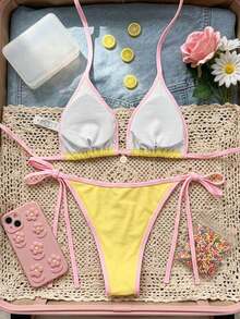 Swim Mod - Conjunto de Bikini de Verano para Mujer, Estampado Floral Verde, Sexy, con Tiras y Copa Triangular - Amarillo - Ver 2