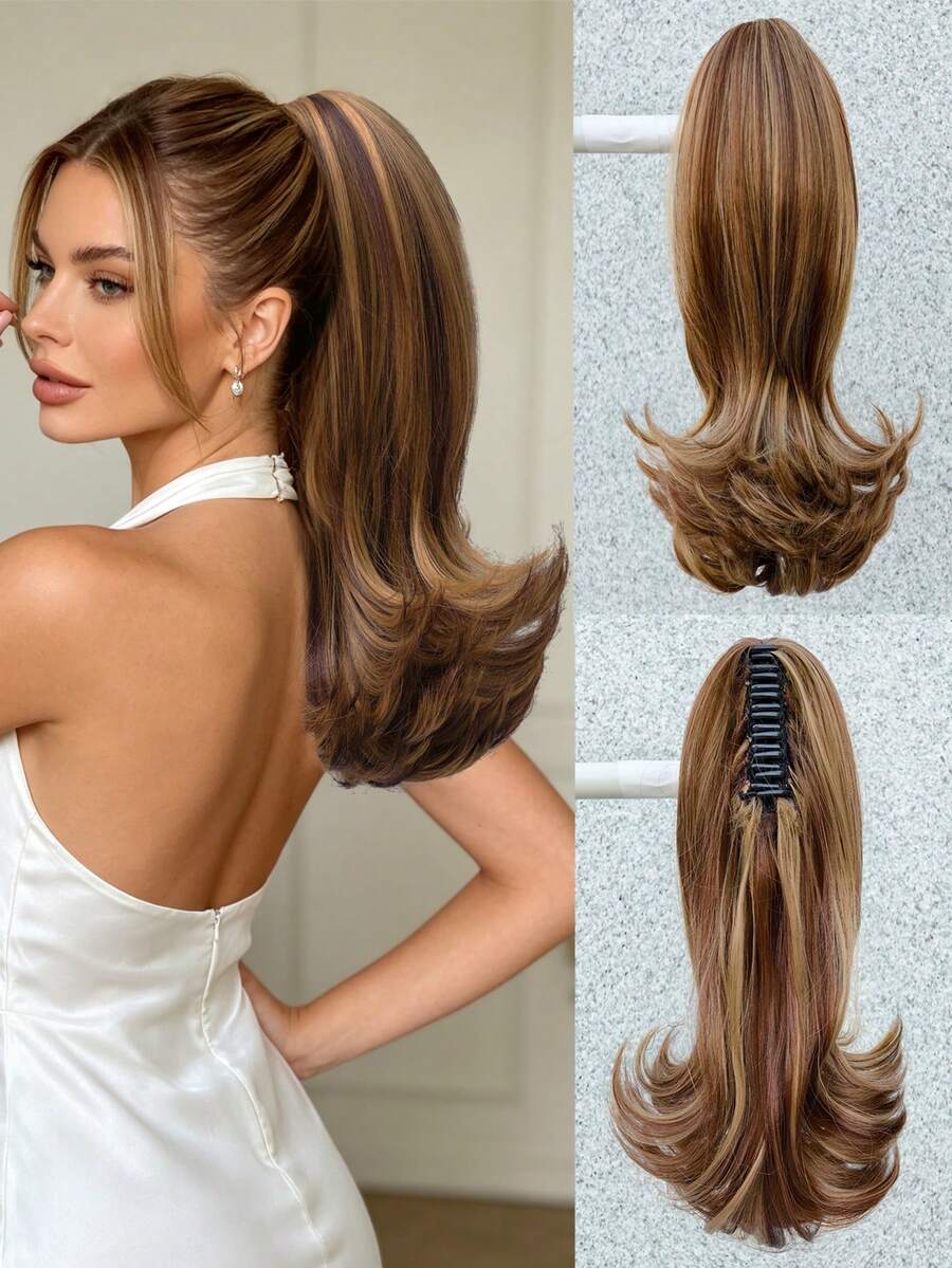 Women's Ponytail Clip-On Synthetic Hair Ponytail, High Heat-Resistant Fiber Hair, Chocolate Brown With Highlights, For Girls - Brown Highlight - View 1