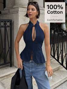 Top tipo halter ajustada con cuello de corbata y diseño calado para mujer, blusa sin mangas con abertura frontal - Azul - Ver 3