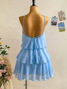 Nuevo vestido elegante y romántico para invitados de boda, de unicolor, con espalda descubierta, multicapa con volantes de gasa, minivestido, adecuado para estilo bohemio, boho, flores románticas, vacaciones, fiestas florales, citas, San Valentín, - Celeste - Ver 2