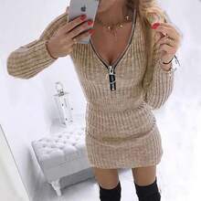 Vestido de mujer Otoño/Invierno con cremallera cuello en V manga larga tejido Vestidos de moda Vestidos casuales dropshipping LDMQZ 20210917 - Gris - Ver 3