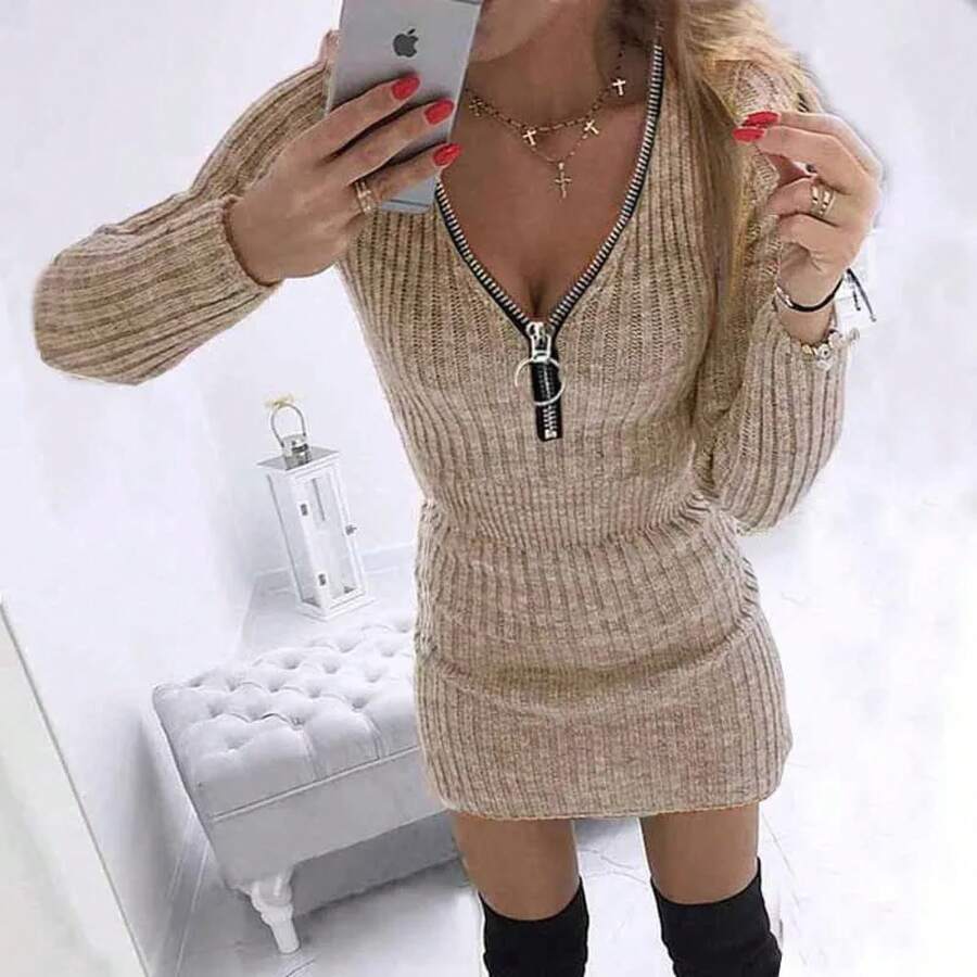 Vestido de mujer Otoño/Invierno con cremallera cuello en V manga larga tejido Vestidos de moda Vestidos casuales dropshipping LDMQZ 20210917 - Caqui - Ver 1