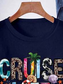 Camiseta de manga corta para mujer, cuello redondo, estampado de letras, casual, versátil, para uso diario. - Negro 3 - Ver 3