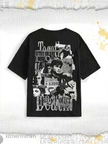 Bomulls-T-shirt med lös passform och tidningstryck - Svart - Visa 6