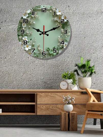 10/12 Inch Silent Wall Clock With Floral Wreath Design - Light Green Wood Veneer, White Flowers & Green Foliage - Elegant European Style Round Clock For Living Room Or Study - Batteries Not Included