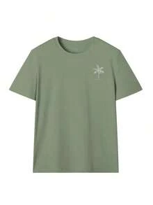 Camiseta de manga corta con cuello redondo y estampado de palmeras para mujer, estilo casual, nueva colección primavera/verano, estilo resort a la moda, camiseta gráfica, para vacaciones. - Verde hierba - Ver 3